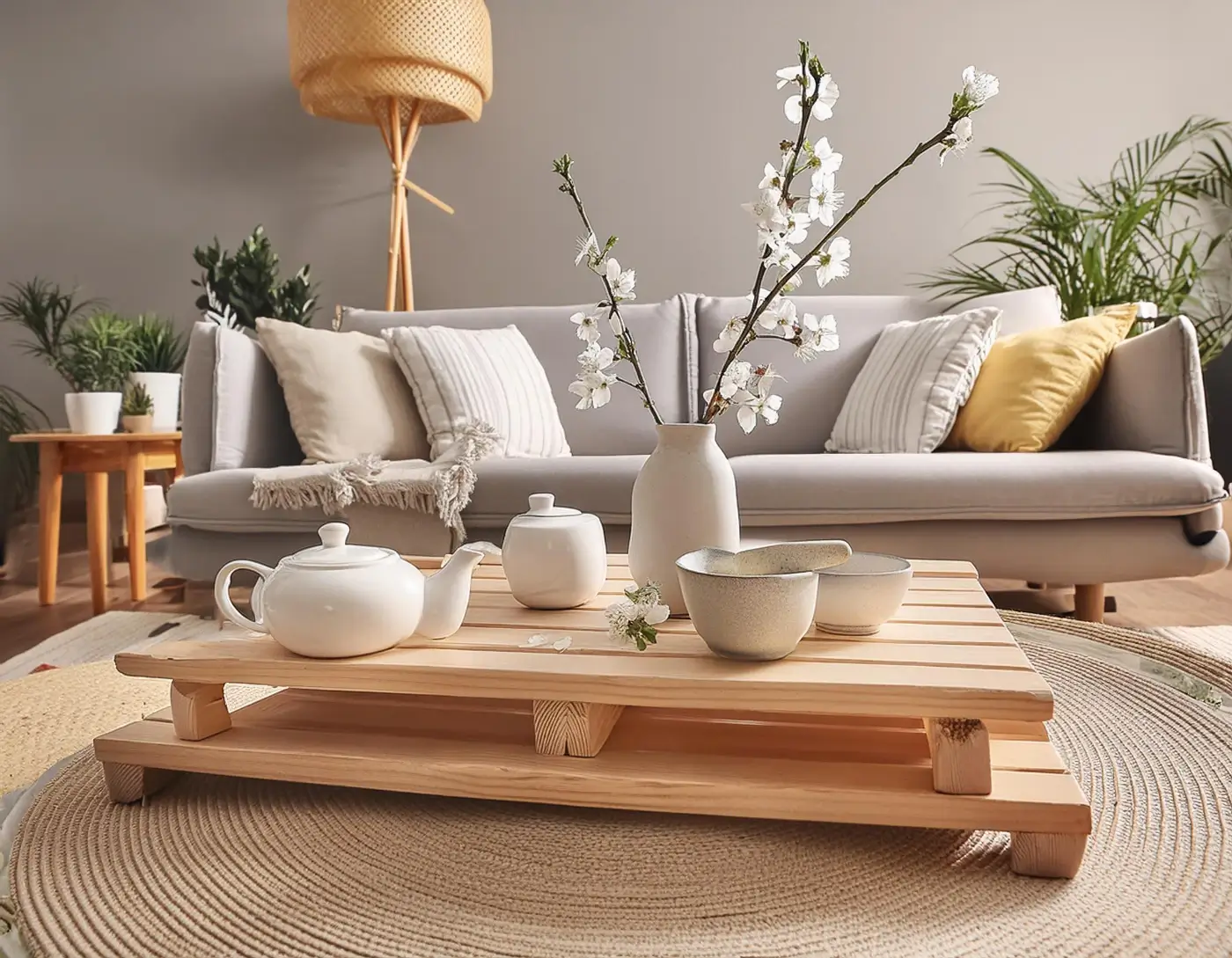 Harmonický obývací pokoj ve stylu feng shui se světlou sedačkou a dřevěným stolkem