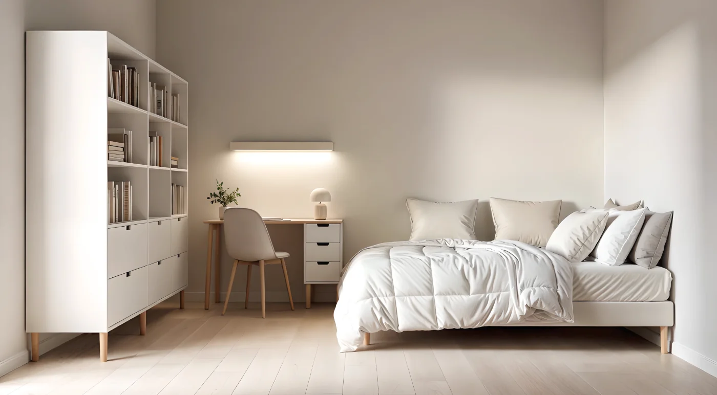 Světlá minimalistická ložnice ve skandinávském stylu s bílým nábytkem a dřevem