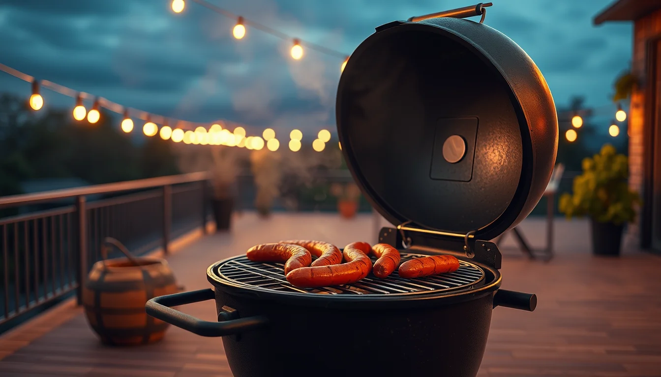 Grilování klobás na zahradním grilu na dřevěné uhlí